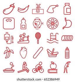Healthy icons set. set of 25 healthy outline icons such as eggplant, baby basket, no hair in skin, exercising, banana, soap, cleanser, meat leg, drop counter, medical bottle