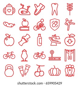 Healthy icons set. set of 25 healthy outline icons such as cherry, baby bottle, bottle, cucumber, milkshake, pumpkin, tooth, bar   tightening, bone, bicycle, barbell, pipette