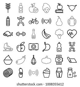 Healthy icons. set of 36 editable outline healthy icons such as hay, fish, cream, heart, cleanser, apple on book, wheat, barbell, water bottle, milkshake, heartbeat