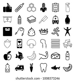 Healthy icons. set of 36 editable filled and outline healthy icons such as fish, carrot on fork, apple, floor scales, heartbeat on phone, injured finger, bottle, ambulance
