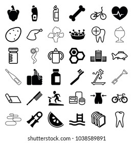 Healthy icons. set of 36 editable filled and outline healthy icons such as honey, toothbrush, slim, pool ladder, chicken leg, bicycle, sport expander, bone, medical bottle