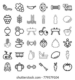 Healthy icons. set of 36 editable outline healthy icons such as wheat, mulberry, apple, lemon, beehouse, baby bottle, honey, heart, grape, toothbrush, spa stone, barbell