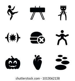Healthy icons. set of 9 editable filled healthy icons such as spa stone, fintess equipment, man doing exercises, heart organ, pumpkin haloween, hair removal, no fast food