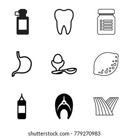 Healthy icons. set of 9 editable filled and outline healthy icons such as boxing bag, boiled egg, stomach, tooth, fish, bottle for fitness, field