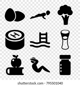 Healthy icons. set of 9 editable filled healthy icons such as cauliflower, apple on book, pool ladder, milk glass, bottle for fitness, hospital, egg, man doing exercises