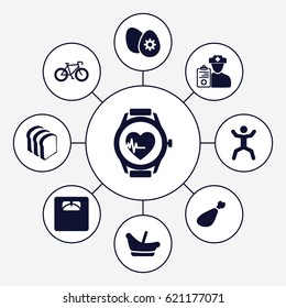 Healthy icons set. set of 9 healthy filled icons such as baby basket, bread slices, meat leg, floor scales, squat, heartbeat watch, doctor prescription, easter egg