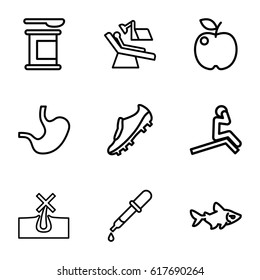 Healthy icons set. set of 9 healthy outline icons such as fish, pipette, no hair in skin, dental chair, stomach, soccer trainers, apple, man doing exercises