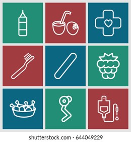 Healthy icons set. set of 9 healthy outline icons such as mulberry, toothbrush, chicken leg, drop counter, bandage, drink coconut, boxing bag