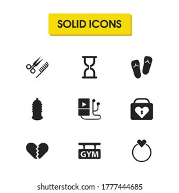 Healthy icons set with broken heart, ring and player elements. Set of healthy icons and crack love concept. Editable vector elements for logo app UI design.