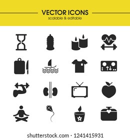 Healthy icons set with candle, bodybuilder, reins elements. Set of healthy icons and fruit concept. Editable vector elements for logo app UI design.