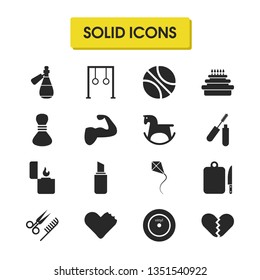 Healthy icons set with chocolate, horse toy and hairdresser elements. Set of healthy icons and sky activity concept. Editable vector elements for logo app UI design.