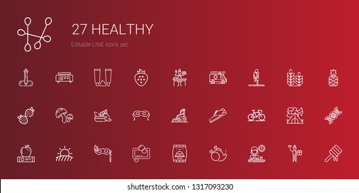 healthy icons set. Collection of healthy with breakfast, without, pet food, soap, eye mask, field, apple, bicycle, shoe, treadmill, mortar. Editable and scalable healthy icons.