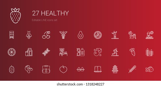 healthy icons set. Collection of healthy with dumbbell, bread, eggs, plum, first aid kit, beans, berry, running, soap, sun lotion, massage. Editable and scalable healthy icons.