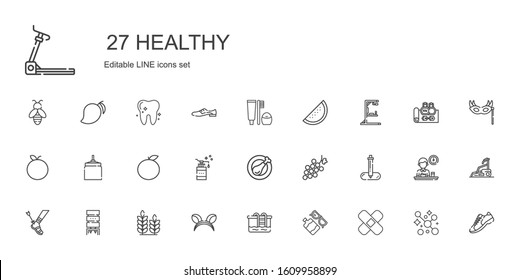 healthy icons set. Collection of healthy with patch, sun lotion, pool, ears, wheat, water dispenser, achilles, pipette, grape, chicken leg. Editable and scalable healthy icons.