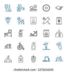 healthy icons set. Collection of healthy with soap, workout, strawberry, sun lotion, tent, carrot, stretching, bicycle, proteins, comb, pet food. Editable and scalable healthy icons.