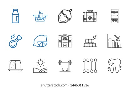 healthy icons set. Collection of healthy with tooth, cotton swab, barbell, field, bread, loss, bottles, hospital, lemon, chicken leg, water dispenser. Editable and scalable healthy icons.