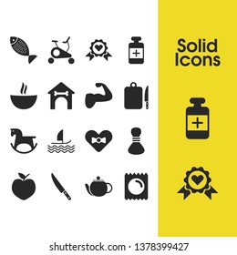 Healthy icons set with exercise bike, booth and soup elements. Set of healthy icons and kettle concept. Editable vector elements for logo app UI design.