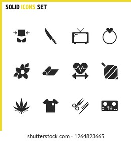 Healthy icons set with exercise, knife and joystick elements. Set of healthy icons and ganja concept. Editable vector elements for logo app UI design.
