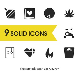 Healthy icons set with fire, exercise bike and ball for char elements. Set of healthy icons and bowling concept. Editable vector elements for logo app UI design.