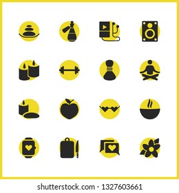 Healthy icons set with flower, meditation and loudspeaker elements. Set of healthy icons and sack concept. Editable vector elements for logo app UI design.