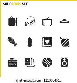 Healthy icons set with knife with board, post stamp and tv elements. Set of healthy icons and television concept. Editable vector elements for logo app UI design.