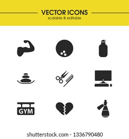 Healthy icons set with muscle, computer and bottle elements. Set of healthy icons and crack love concept. Editable vector elements for logo app UI design.