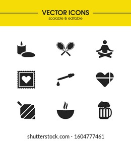 Healthy icons set with rockets, meditation and pipette elements. Set of healthy icons and postmark concept. Editable vector elements for logo app UI design.