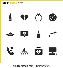 Healthy icons set with vinyl record, computer and surfing elements. Set of healthy icons and windsurfing concept. Editable vector elements for logo app UI design.