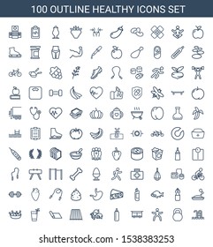 healthy icons. Trendy 100 healthy icons. Contain icons such as swimming pool, barbell, man doing exercises, beehouse, baby bottle, fish, field. healthy icon for web and mobile.