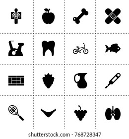 Healthy icons. vector collection filled healthy icons. includes symbols such as berry, grapes, apple, jug, fish, patch, tooth. use for web, mobile and ui design.