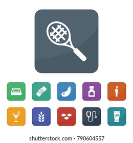 Healthy icons. vector collection filled healthy icons such as wheat, seeds, eggplant, medicine bottle, swimming pool, stethoscope, patch, carrot, uv cream, tennis racket
