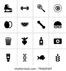 Healthy icons. vector collection filled healthy icons. includes symbols such as wheat, beet, fish, eggs, popcorn, dna, eye pupil. use for web, mobile and ui design.