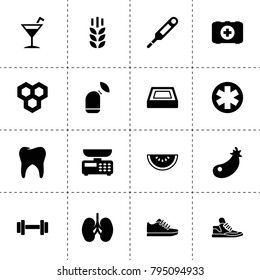 Healthy icons. vector collection filled healthy icons. includes symbols such as wheat, honeycombs, eggplant, swimming pool, medical, tooth. use for web, mobile and ui design.