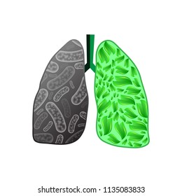 Healthy and ill human lungs silhouettes isolated on white background