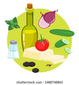 Healthy ingredient for tasty food. Cucumber and olive oil, tomato and cheese for greek salad cooking. Fresh vegetable meal. Isolated vector illustration in cartoon style