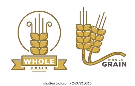 Healthy ingredients for balanced meal menu, isolated whole grain products. Nutritious flour with microelements. Agriculture and tasty pastry. Label or emblem logotype design, vector in flat style