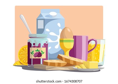 Healthy ingredients for meal in morning vector illustration. Jam, slices of bread, egg, milk, lemon and cup with drink cartoon design. Food and breakfast concept