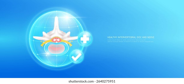 Healthy intervertebral disc and nerve within bubble dome transparent with check mark and plus sign on blue background. Strong backbone cartilage joint anatomy. Medical health care concept. 3D Vector.