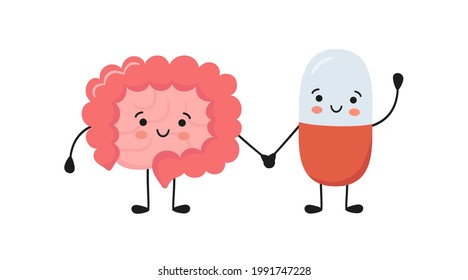 El intestino sano y los personajes de la píldora sonriente feliz se toman de las manos. Cápsula de probióticos Kawaii y personajes lindos del intestino. Síndrome intestinal irritable. Ilustración aislada del vector sobre fondo blanco