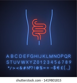 Healthy intestine neon light icon. Human organ in good health. Functioning digestive system. Gastrointestinal tract. Glowing sign with alphabet, numbers and symbols. Vector isolated illustration