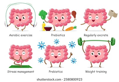 Healthy intestine . Set of medical cartoon characters . Prebiotic and probiotic concept . Isolated white background . Vector .