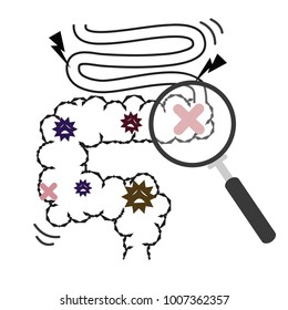 Healthy intestine with vegetables and unhealthy with bacteria cute cartoon healthy bowel.