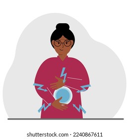 Healthy intestines or stomach. The woman keeps his hands on his stomach. Vector flat illustration.