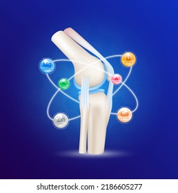 Healthy joint bone and Mineral calcium, magnesium, zinc, vitamin. Radius ring surrounds on a blue background. Help heal arthritis knee. 3D realistic vector. For nutrition products design.