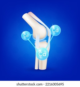 Healthy joint bone with molecule minerals calcium glittering. Dietary supplement knee pain in leg. Medical healthcare skeleton x ray scan concept. Realistic 3d vector illustration.