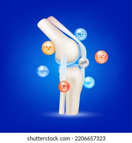 Healthy joint bone and Vitamins Calcium Zinc. Radius ring surrounds on blue background. Help heal arthritis knee. 3D realistic vector. Used for nutrition products food template design.