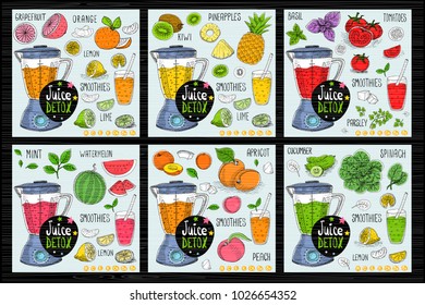 Healthy juice detox smoothie receipes set. With illustration of ingredients, glass, stars, hearts and vitamin. Hand drawn vector illustration sketch style. Fruits, vegetables, juice.