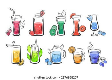 Healthy juice drink set. Blender fresh cocktail in glass cup, nutrition beverage in bottle for bar, delicious fruit food. Vitamin detox, summer lemonade and cold water. Vector doodle icon