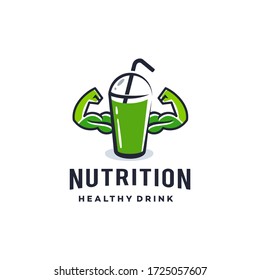 healthy juice logo ,energy drink with cup, straw and strong muscle icon label, healthy protein diet drink logo illustration mascot