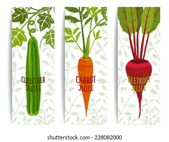 Healthy Juices Design Collection on White with Vegetables. Brightly colored vegetables for healthy diet. Layered vector EPS8